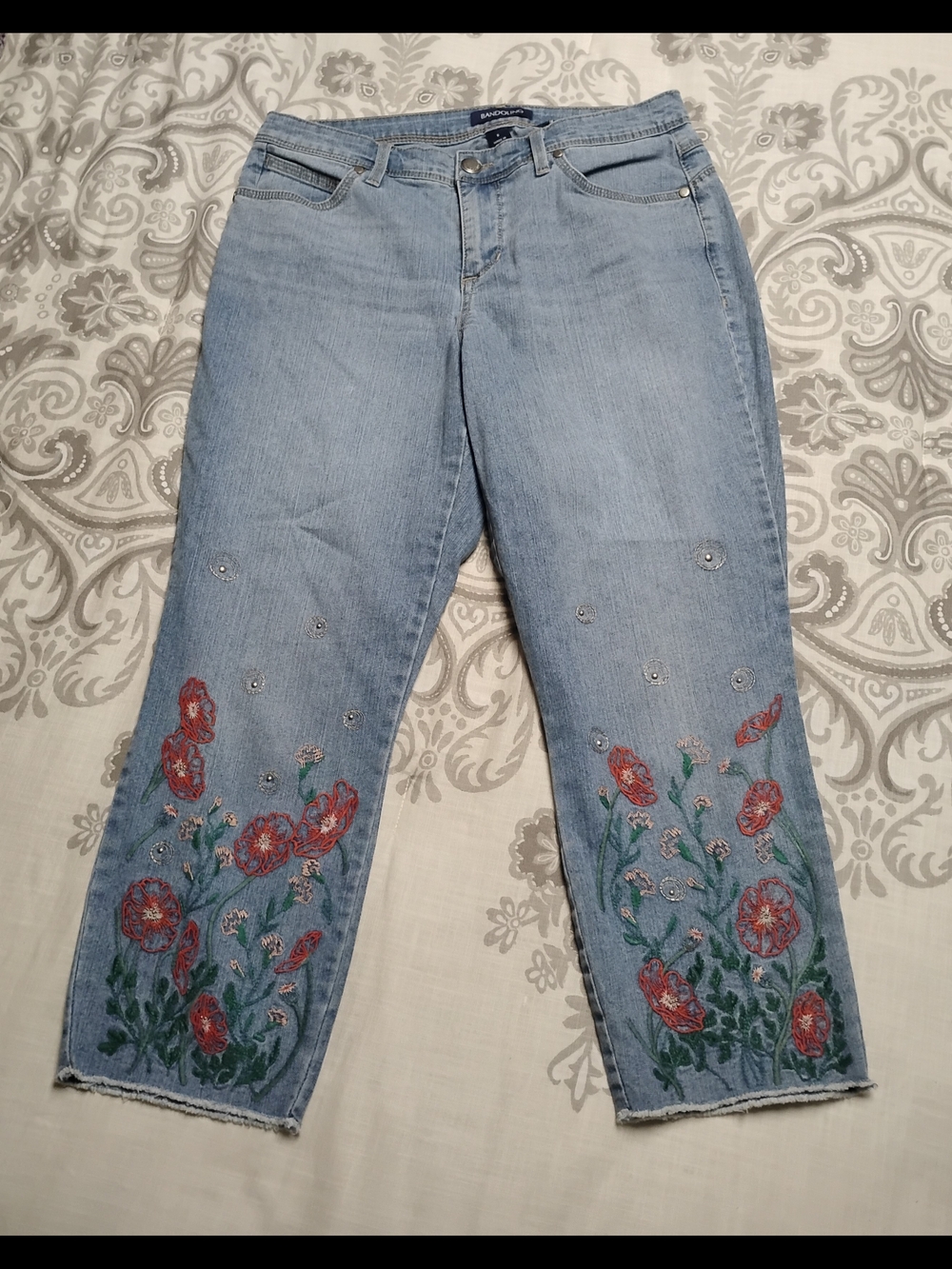 Bandolino Light Wash Carpi Jeans with Red Floral Embroidery